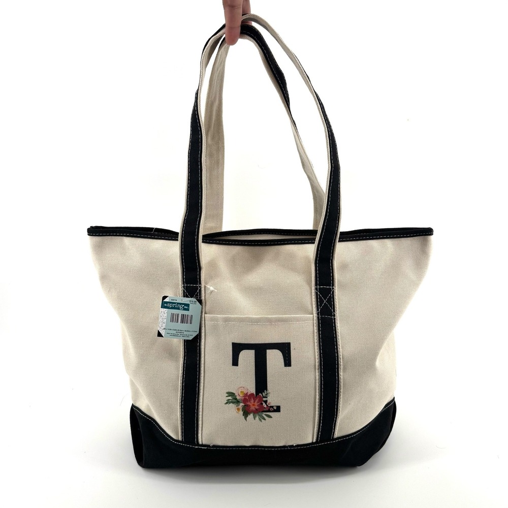 Canvas Tote Bag Women Large Cream Black Monogram Floral Travel Work Bag Teacher